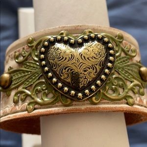 Gold heart leather cuff